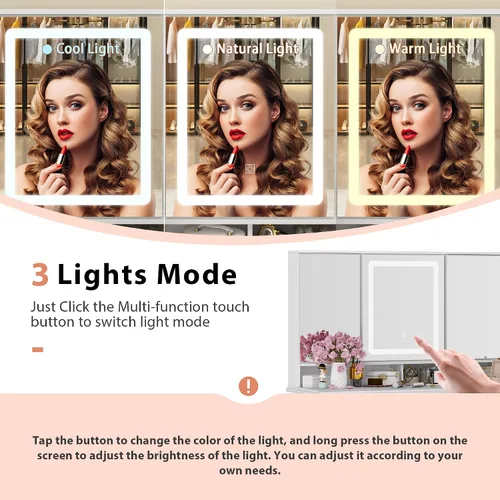 Miniatura 4 de ECACAD Moderno escritorio de maquillaje con espejo iluminado, tocador con 9 cajones, estantes ocultos y espejo plegable, 3 modos de iluminación