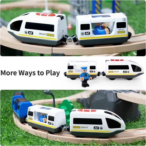 Miniatura 7 de WOOD CITY Tren a pilas para pista de madera, juego de tren de locomotora eléctrica con potente motor compatible con Thomas, Brio, Chuggington