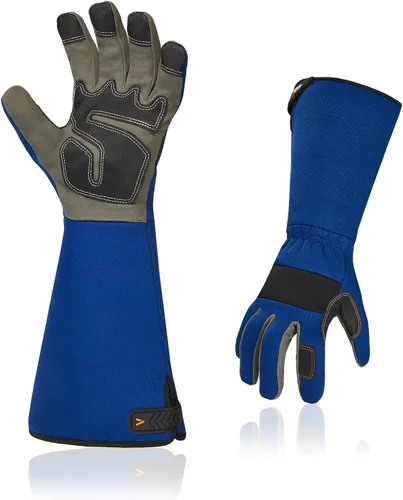 Miniatura 7 de Vgo... Guantes de trabajo de seguridad para hombre, puño extendido de cuero dividido de cerdo, cuero sintético, a prueba de espinas de poda de 1 par