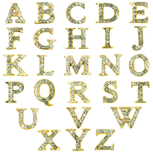 qiipii 26 dijes de uñas de letras doradas de lujo, arte de uñas 3D, diamantes de imitación de aleación, letras mayúsculas, tachuelas de metal para