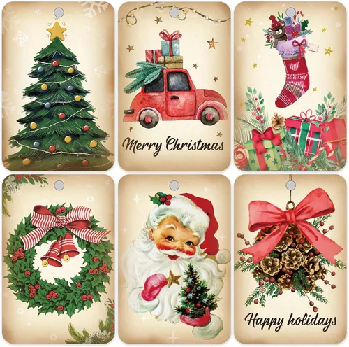 60 etiquetas vintage de regalo de Navidad con cuerda, etiquetas de nombre colgantes de Navidad retro con Papá Noel, perfectas para regalos, envolver
