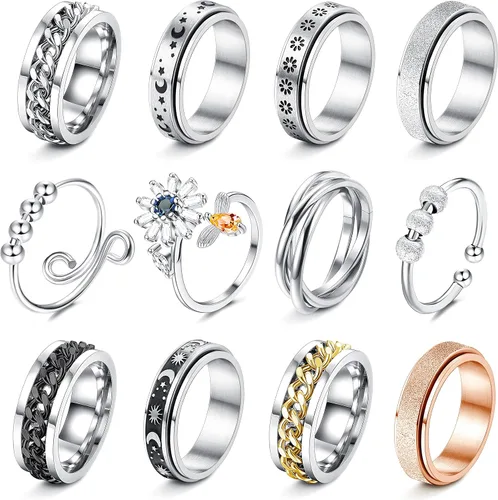 FASACCO 12 piezas de anillos de ansiedad para hombres y mujeres - Anillos giratorios para aliviar la ansiedad y el estrés con flores, luna y