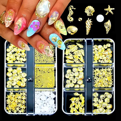COOSLIM 2 cajas de aretes de acero para verano, perlas de metal, gemas para uñas, conchas doradas, estrellas de mar, aleación de caballito de mar,