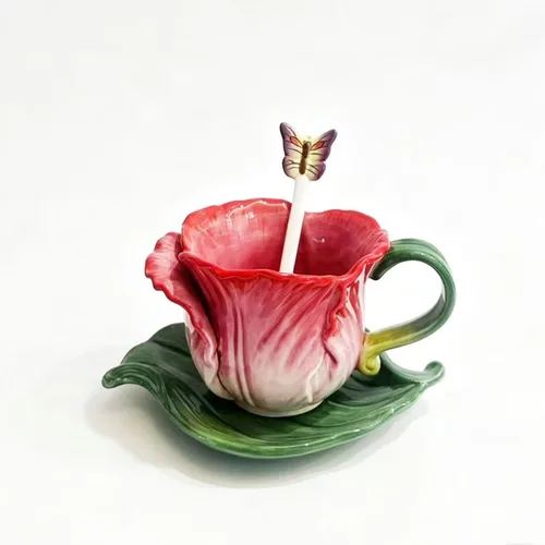 Miniatura 11 de Juego de taza de té y platillo de cerámica, taza de café de flores pintadas a mano en 3D de 6 onzas, regalo para mujeres, tulipán naranja