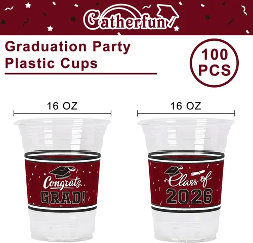 Miniatura 2 de Gatherfun Celebración de la clase de 2026 – 100 vasos de plástico de graduación granate de 16 onzas para vasos resistentes y duraderos para fiestas