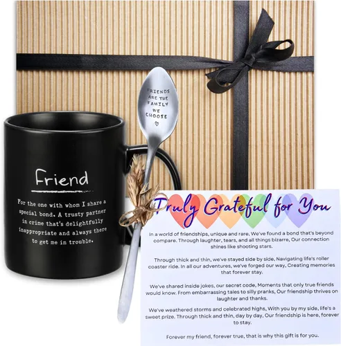 Miniatura 2 de Caja de regalo de taza de café con texto en inglés "Friends are the Family We Choose", taza de cerámica negra de 20 onzas, cuchara de acero