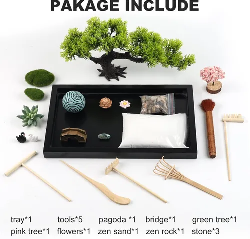 Miniatura 5 de Kit de jardín Zen para decoración de escritorio - Juego de caja de jardín Zen de arena mini japonés premium hermoso para el hogar, oficina