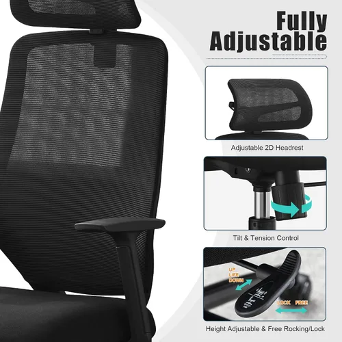 Miniatura 3 de Okeysen Silla de oficina ergonómica de malla, silla giratoria de computadora con respaldo alto con reposacabezas ajustable 2D, soporte lumbar