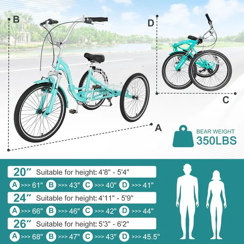 Miniatura 2 de MOPHOTO Triciclo plegable para adultos, 7 velocidades, 20/24/26 pulgadas, bicicleta de 3 ruedas para personas mayores, mujeres y hombres, bicicleta