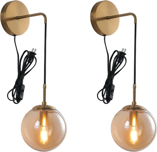 Miniatura 18 de Juego de 2 apliques de pared negros y latón dorados. Juego de 2 apliques de pared enchufables con pantalla de vidrio ámbar globo, lámparas de pared