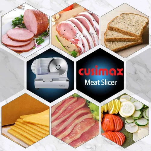 Miniatura 6 de Rebanadora de Carne, CUSIMAX Rebanadora Eléctrica de Delicatessen con Dos Cuchillas Extraíbles de Acero Inoxidable de 7.5" y Empujador, Cortador