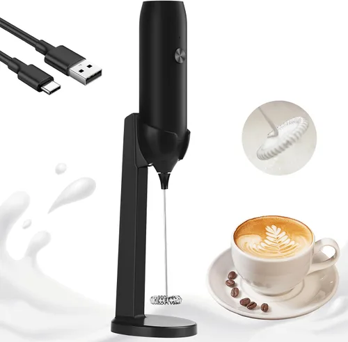 Espumador de Leche Recargable de Mano USB Tipo C, Potente Creador de Espuma Eléctrico con Soporte, Mini Mezclador de Bebidas para Café Latte,