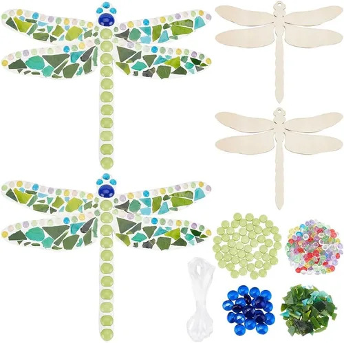 WEBEEDY Make 2 Dragonfly Glass Mosaic Kit DIY Craft Glass Kit para adultos incluye mosaicos, chips de madera, cinta para Navidad, regalo de