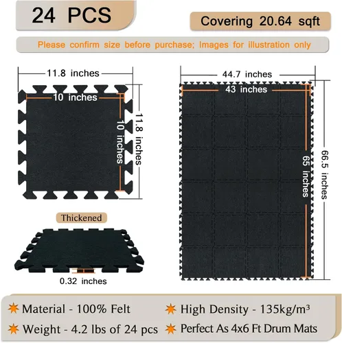 Miniatura 2 de TroyStudio Alfombrillas de Suelo Entrelazadas Gruesas que Absorben el Sonido, 24 Piezas de 11 x 11 x 0.32 pulgadas, Alfombra de Piano de Alta