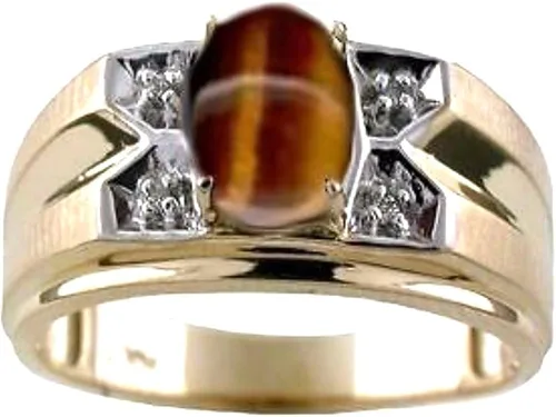 Miniatura 2 de RYLOS - Anillos para hombre de oro amarillo de 14 quilates para hombre con ojo de tigre y diamante de 0315 x 0236in de color piedra preciosa anillos