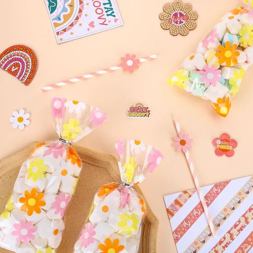 Miniatura 3 de Whaline 100 bolsas de celofán con margaritas de celofán con lazos plateados, retro, hippie, bohemio, para fiestas, flores coloridas, bolsas