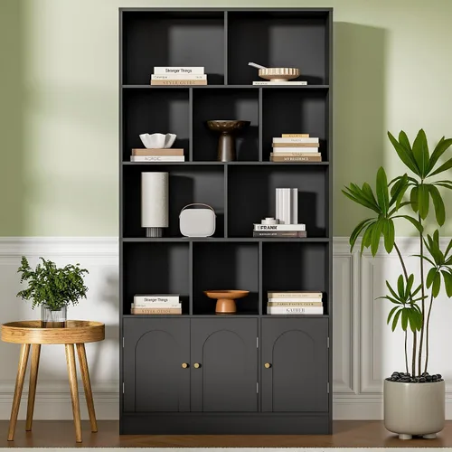 Housoul Estantería de 71 pulgadas de alto con 10 cubos y 3 puertas, estantería de 4 niveles, estantería abierta con gabinete, organizador de Negro