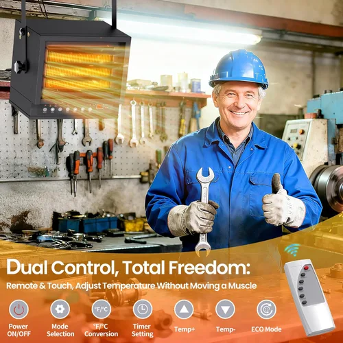 Miniatura 4 de Calentador eléctrico de garaje de 7500 W con control remoto, calentador de techo cableado de 240 V, calentadores de espacio de garaje con modo ECO