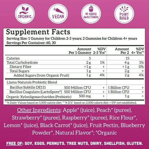 Miniatura 4 de Llama Naturals Gomitas de probióticos para niños con fibra prebiótica, veganas, prebióticos y probióticos orgánicos para el apoyo a la salud