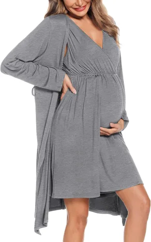 Miniatura 5 de SWOMOG Women Maternity Nursing Gown and Robe Set 3 in 1 Labor Delivery Nursing Nightgown for Breastfeeding Hospital Bathrobe