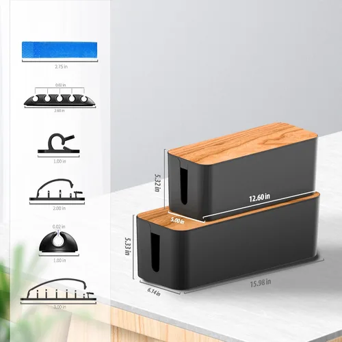 Miniatura 2 de Caja organizadora de cables, paquete de 2 con 16 clips para cables, grande, mediano y pequeño, de madera, organizador de cables para ocultar cables