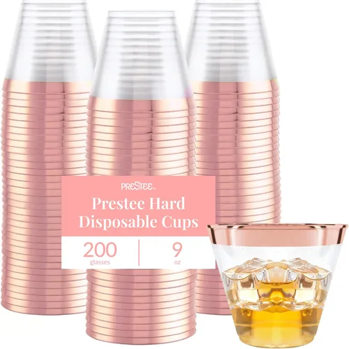 Miniatura 11 de Prestee Paquete de 100 vasos de plástico desechables con borde dorado de 9 onzas para embutidos, bodas, fiestas y eventos, elegantes tazas de cóctel