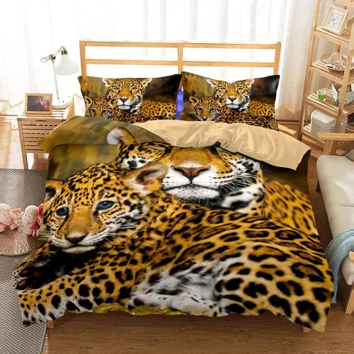 Miniatura 5 de Juego de ropa de cama 3D con estampado de leopardo, tamaño Queen, juego de funda de edredón realista con fundas de almohada, sábanas, textiles