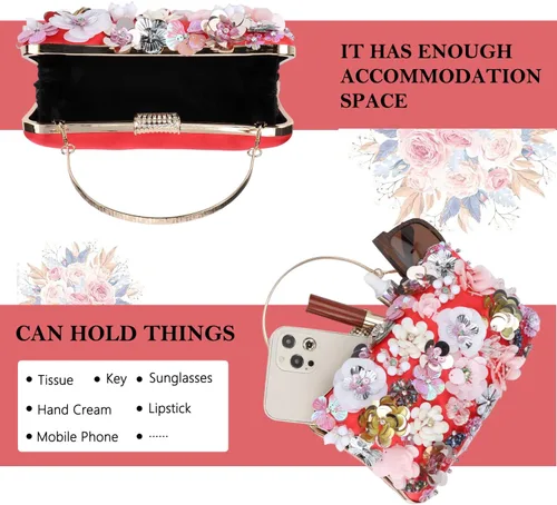 Miniatura 4 de Fecialy Bolsos de noche florales para mujer, bolsos de mano con diamantes de imitación coloridos, bolso floral para novia, boda, bolso de hombro