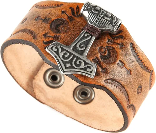 Miniatura 6 de HZMAN Mjölnir - Pulsera de piel auténtica para hombre diseño gótico ajustable estilo gótico