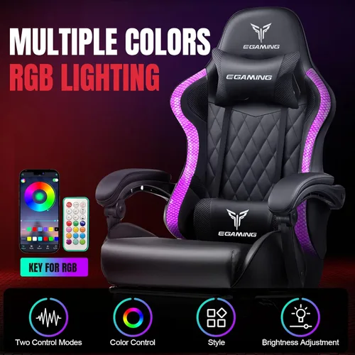 Miniatura 4 de EXRACING Silla de juegos con reposapiés ergonómica de cuero sintético con respaldo alto y luces LED RGB, reposabrazos de enlace y reposacabezas