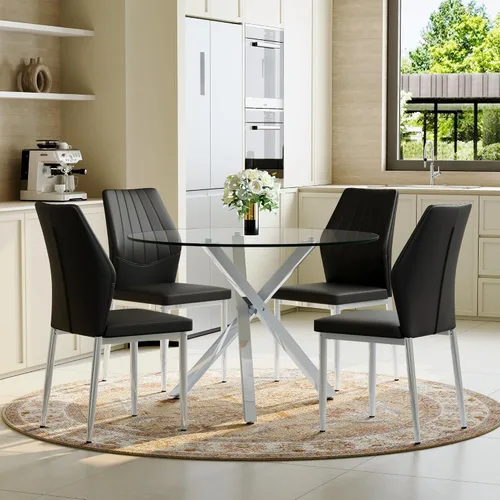 Miniatura 20 de Juego de mesa de comedor redonda de vidrio para 4, mesa de cocina redonda de 39 pulgadas y sillas para 4 personas con tapa de vidrio templado y base