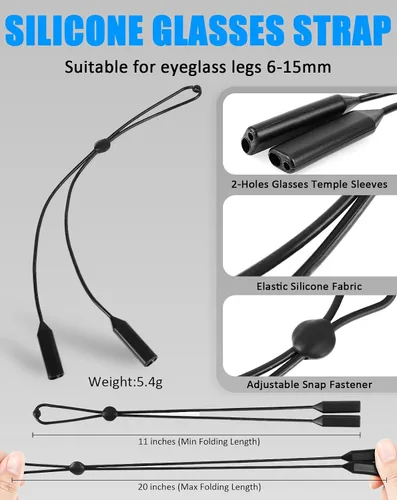 Miniatura 4 de BILIONE Juego de 4 correas deportivas para lentes para hombres, cordón ajustable (cuero/silicona/elástico/cuerda de nailon), soportes alrededor