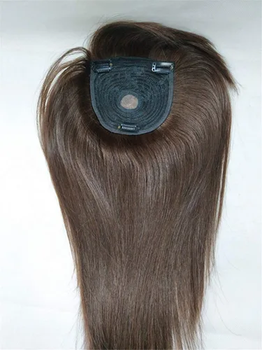 Miniatura 4 de Peluca de cabello humano lacio de 18 pulgadas de largo con flequillo, clip en la parte superior para mujeres con cabello delgado, color marrón oscuro