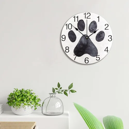 Miniatura 3 de Reloj de pared con estampado de pata de perro negro, reloj de madera de 10 pulgadas, silencioso, sin tictac, funciona con pilas, para sala de estar