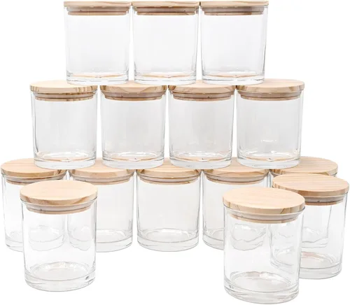 Miniatura 12 de SHOWIN Frascos de vela gruesos de 10 onzas para hacer velas 15 piezas, frascos vacíos con tapas de madera para hacer velas, contenedor de muestra