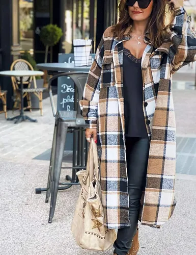 Miniatura 2 de Omoone - Chaqueta de manga larga con botones para mujer diseño a cuadros de ajuste holgado
