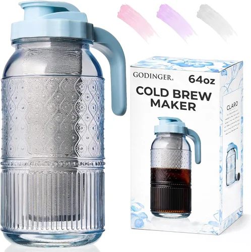 Cafetera fría de 64 onzas – Jarra hermética de vidrio con tapa y asa a prueba de fugas, cafetera helada de boca ancha, decoración de cocina vintage,