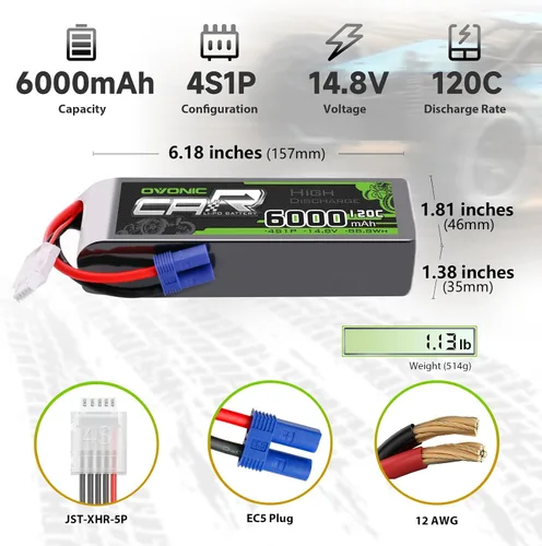Miniatura 2 de OVONIC 4S LiPo Batería 6000mAh 14.8V 120C RC Batería con conector EC5 (paquete de 2)