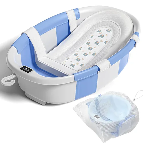 Bañera plegable para bebés, bañeras para bebés recién nacidos con cojín suave y termómetro y bolsa de malla organizadora de juguetes, bañera
