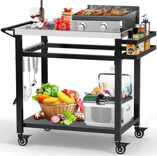 Miniatura 9 de Mesa de carrito de comedor para exteriores movible de 3 estantes de 20 x 32 pulgadas, soporte multifuncional para preparación de alimentos, mesa