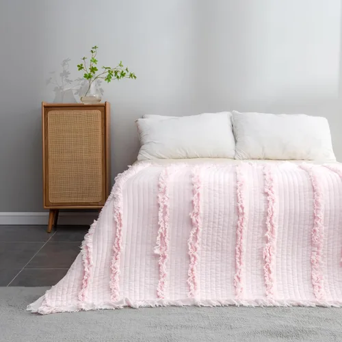 Miniatura 11 de Manta acolchada ultra suave y prelavada de tamaño individual color amarillo bohemio para cama, manta decorativa con flecos con volantes, manta