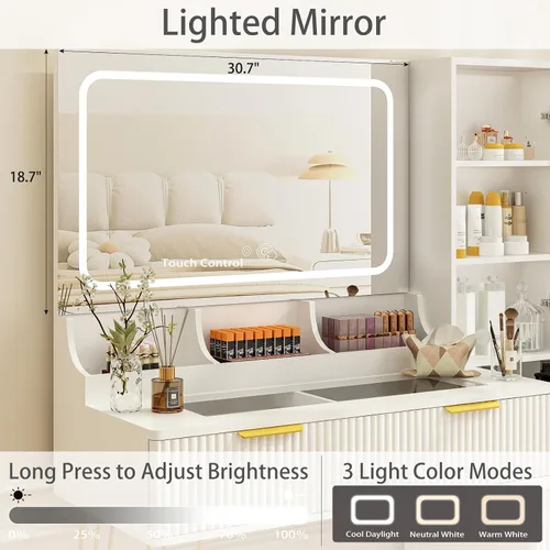 Miniatura 3 de Escritorio de tocador de 43 pulgadas con espejo y luces, mesa de tocador de maquillaje con 4 cajones, tocador blanco para dormitorio, escritorio