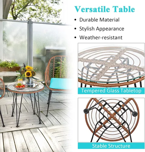 Miniatura 16 de Tangkula - Juego de 3 piezas para conversación en el patio, juego de muebles de mimbre al aire libre con mesa redonda de vidrio templado y 2