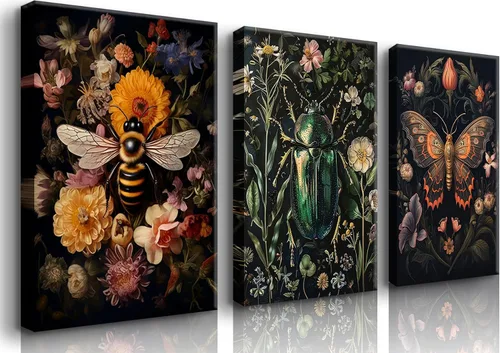 3 Piezas Arte de Pared Floral de Mariposa y Abeja Dark Academia Decoración de Pared Gótica de Insectos y Botánicos Pósteres Universitarios Oscuros