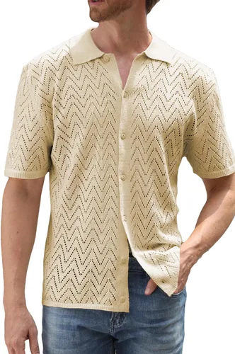 Miniatura 2 de JMIERR Suéter casual de punto de ganchillo para hombre, polo de manga corta, con botones, camisas de playa