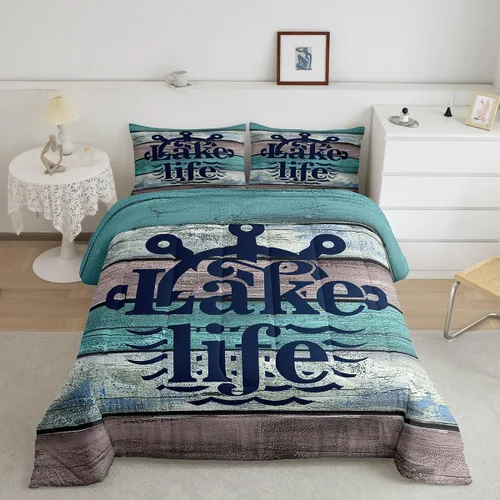 Miniatura 9 de jejeloiu Juego de edredón de lago para niños, tamaño individual, juego de ropa de cama relajante de paleta de lago para niños, decoración de casa