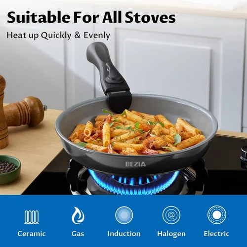 Miniatura 4 de BEZIA Utensilios de cocina de inducción con revestimiento de cerámica saludable, juego de ollas y sartenes antiadherentes, 10 piezas con asas