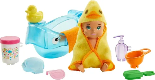 Barbie Skipper Babysitters Inc. - Juego de alimentación y baño con muñeca de bebé que cambia de color, bañera, esponja de paleta y accesorios para