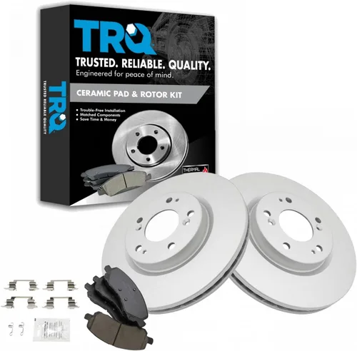 TRQ Juego de pastillas de freno delantero y rotores con revestimiento de cerámica compatible con Jeep Compass Patriot 2017