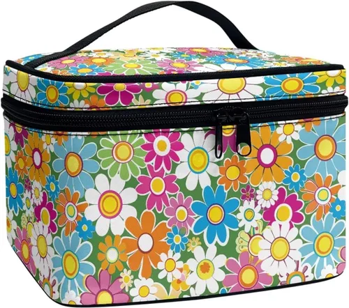 Miniatura 36 de 60S Groovy Hippie Flower Pink Pattern Travel Makeup Bags for Women Portable Tote Cosmetic Case with Carry Handle Toiletry Accessories Storage
